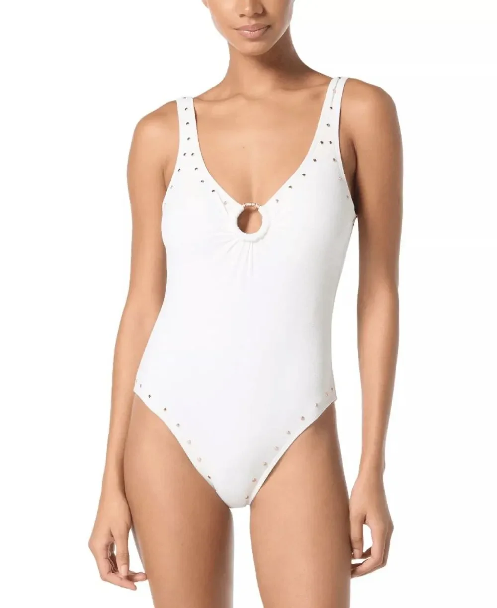 Michael Kors White Gold Hardware O-Ring Studded One Piece Swimsuit Size 14